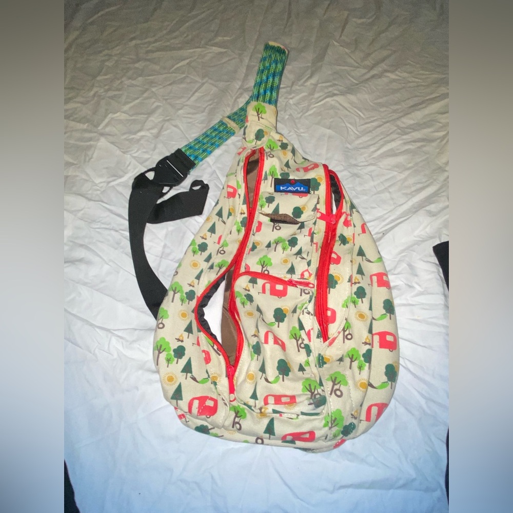Kavu Cream Sling Bag with Red and Green Design